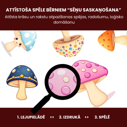 Krāsu un rakstu atpazīšanas spēle bērniem "Sēnes" PDF printēšanai grezni lv