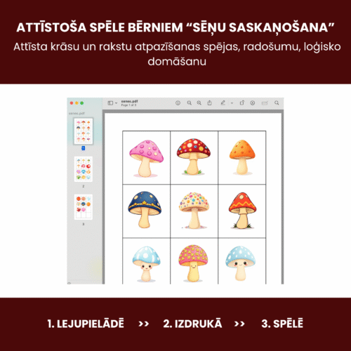 Krāsu un rakstu atpazīšanas spēle bērniem "Sēnes" PDF printēšanai grezni lv