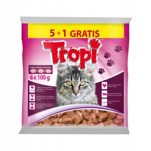 Tropi slapjās barības izlase kaķiem - liellopu, mājputnu, laša 6x100g