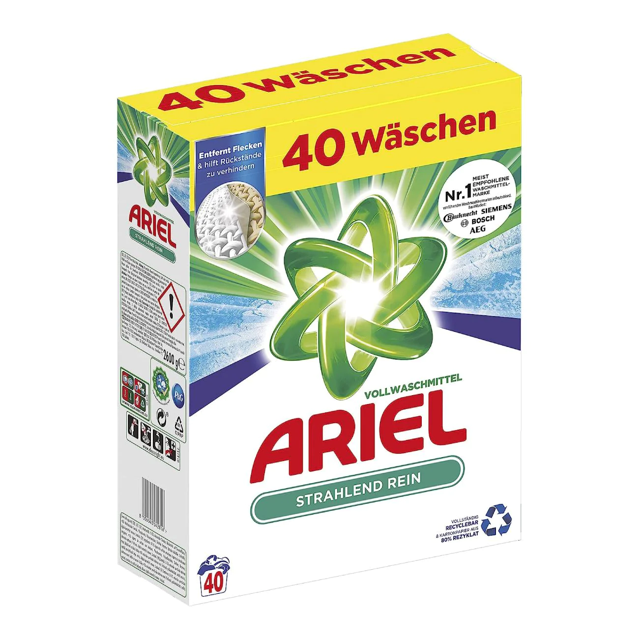 Ariel veļas mazgāšanas pulveris krāsainai un baltai veļai 2.6kg