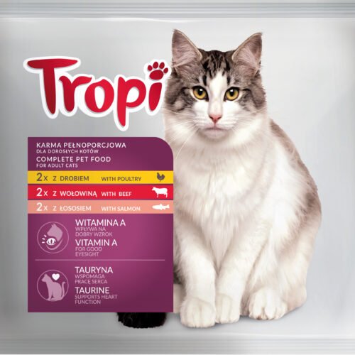 Tropi slapjās barības izlase kaķiem - liellopu, mājputnu, laša 6x100g
