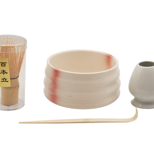Elegant White Matcha Tea Set – Includes Ribbed Matcha Bowl, Bamboo Whisk, Scoop, and Holder # 93989