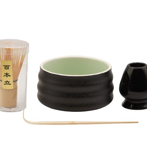Melnās Matcha tējas komplekts — iekļauta rievota Matcha bļoda, bambusa putotājs, liekšķere un turētājs # 93990