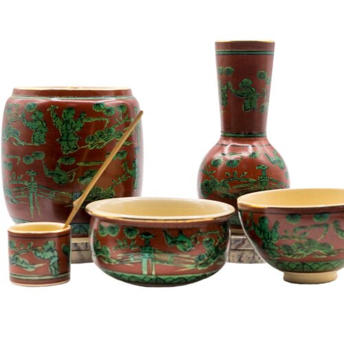 Japāņu tējas ceremonijas komplekts, vintage, ar rokām apgleznota keramika