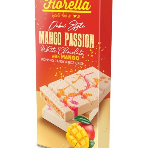 FIORELLA baltās šokolādes tāfelīte ar mango garšas, rīsu kraukšķa un sprakstošām konfektēm 200g