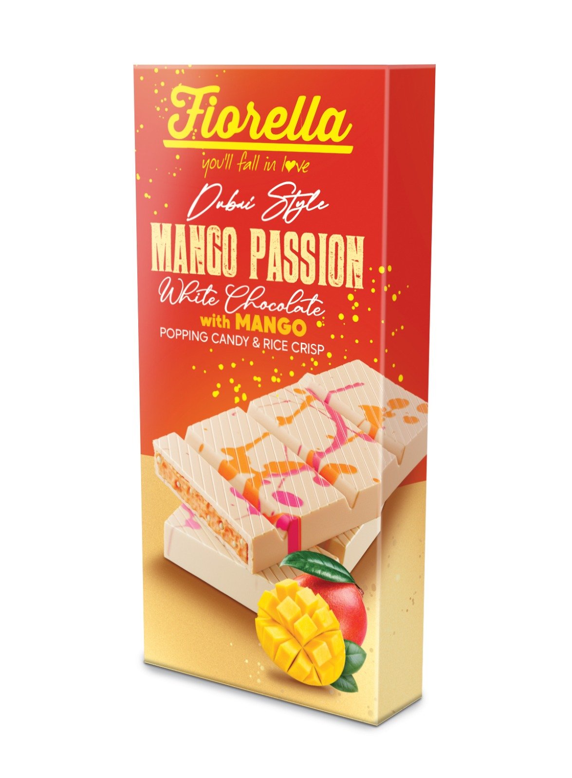 FIORELLA baltās šokolādes tāfelīte ar mango garšas, rīsu kraukšķa un sprakstošām konfektēm 200g