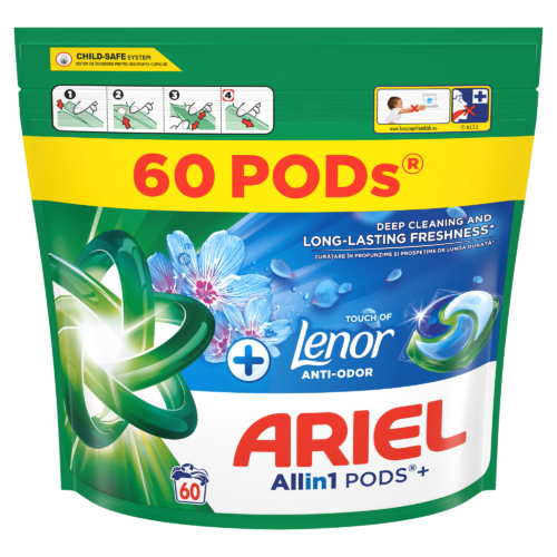 ARIEL All in 1 Tocuh Of Lenor Anti Odor veļas mazgāšanas kapsulas 60gab