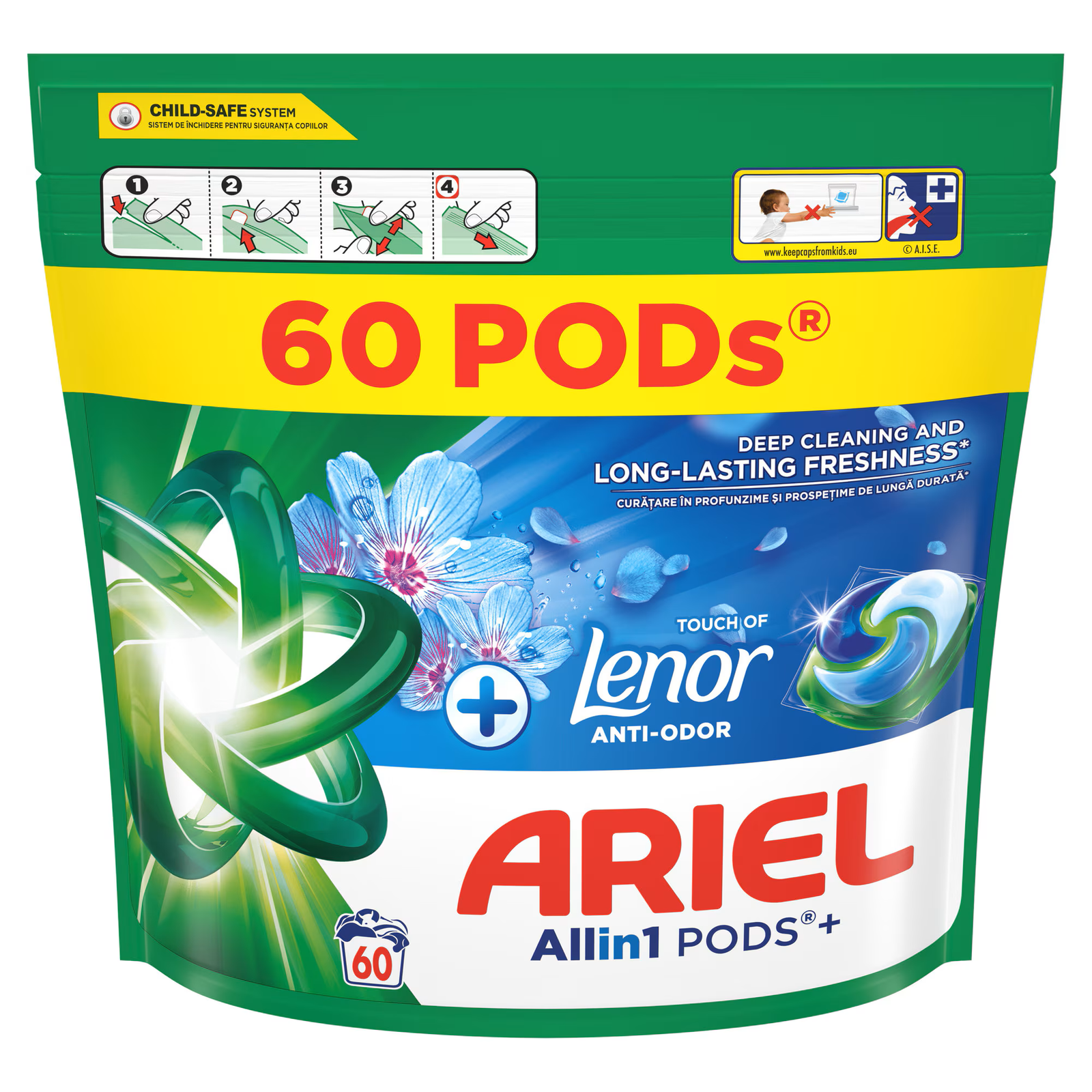 ARIEL All in 1 Tocuh Of Lenor Anti Odor veļas mazgāšanas kapsulas 60gab